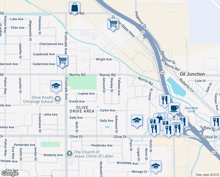 map of restaurants, bars, coffee shops, grocery stores, and more near 5922 Bamboo Drive in Bakersfield