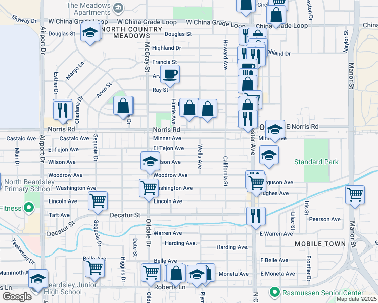 map of restaurants, bars, coffee shops, grocery stores, and more near 309 El Tejon Avenue in Bakersfield