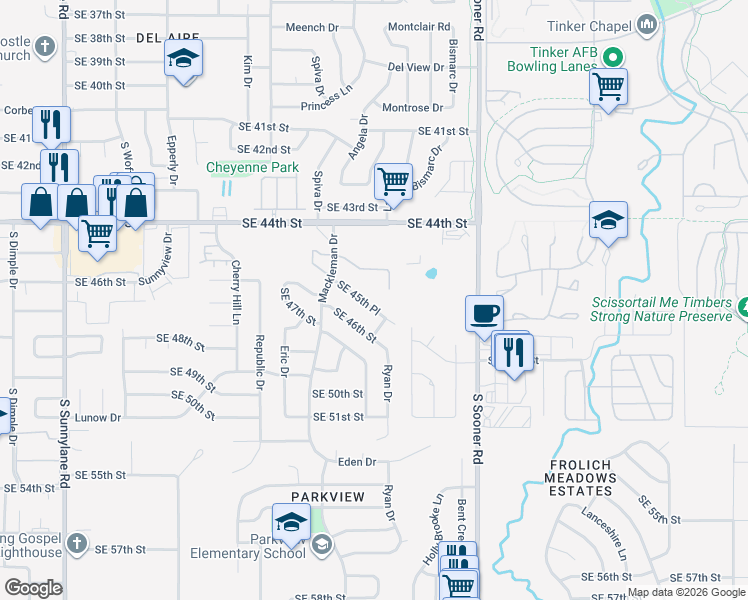 map of restaurants, bars, coffee shops, grocery stores, and more near 5205 SE 45th Pl in Oklahoma City
