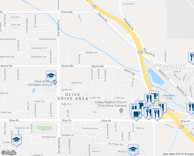 map of restaurants, bars, coffee shops, grocery stores, and more near 5922 Bamboo Drive in Bakersfield