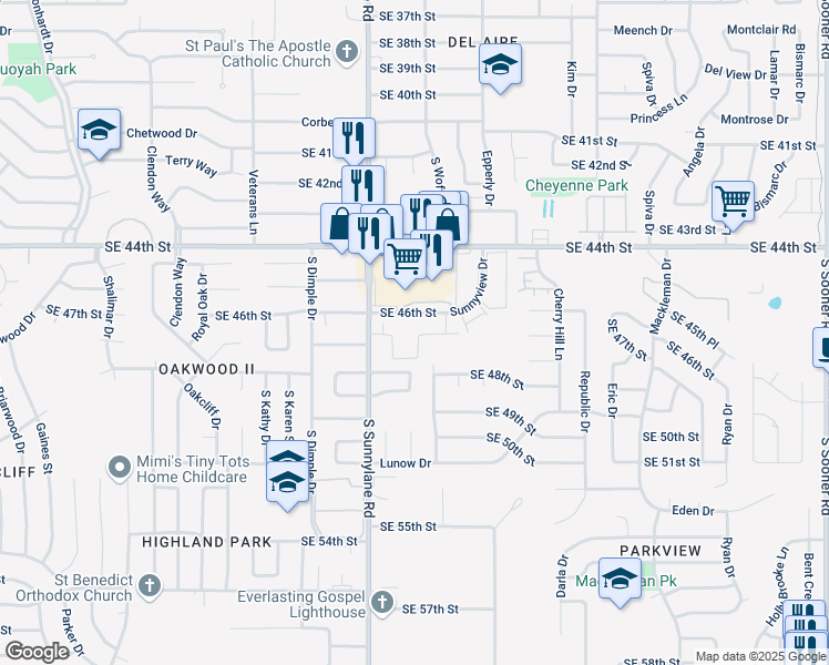 map of restaurants, bars, coffee shops, grocery stores, and more near 4328 Southeast 46th Street in Oklahoma City
