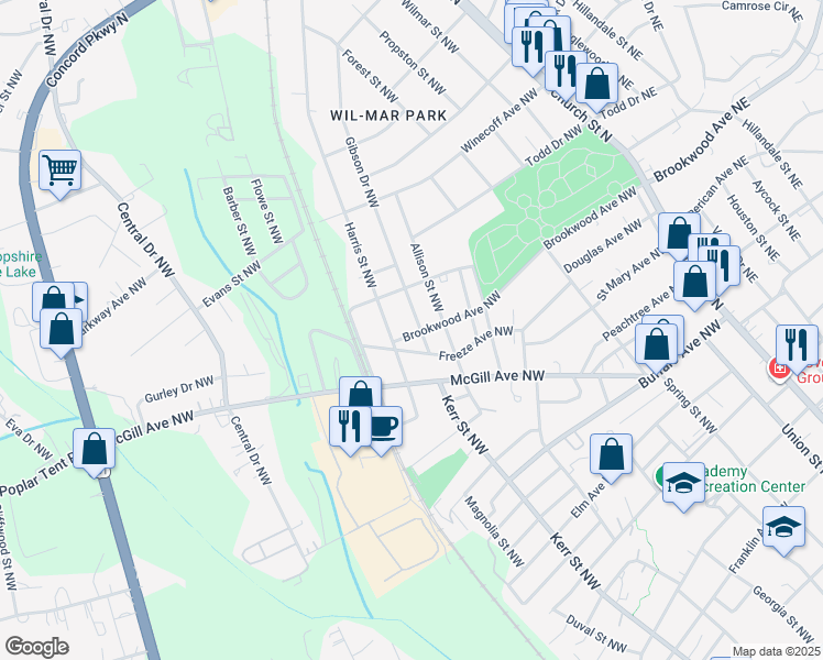 map of restaurants, bars, coffee shops, grocery stores, and more near 495 Gibson Drive Northwest in Concord