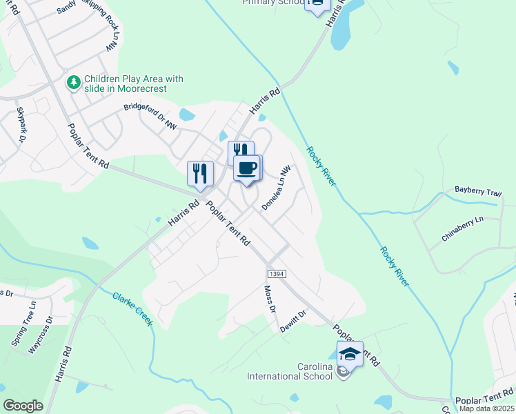 map of restaurants, bars, coffee shops, grocery stores, and more near 1162 Donelea Lane Northwest in Concord