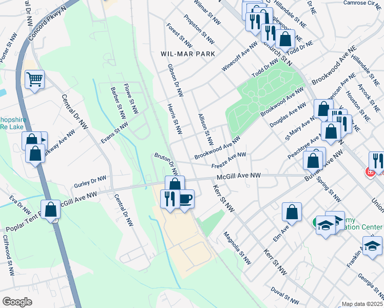 map of restaurants, bars, coffee shops, grocery stores, and more near 506 Harris Street Northwest in Concord