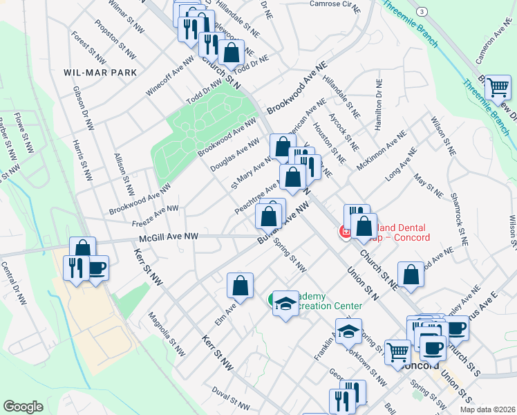 map of restaurants, bars, coffee shops, grocery stores, and more near 64 Ash Avenue Northwest in Concord