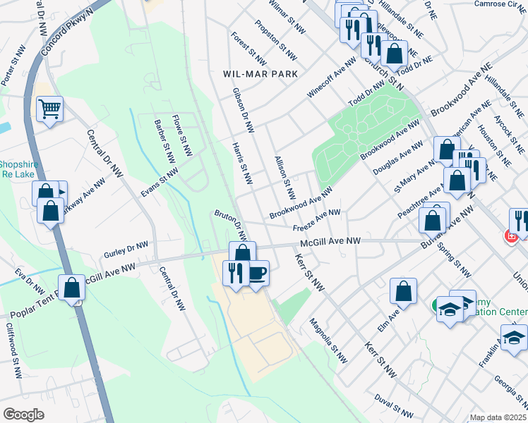 map of restaurants, bars, coffee shops, grocery stores, and more near 506 Harris Street Northwest in Concord