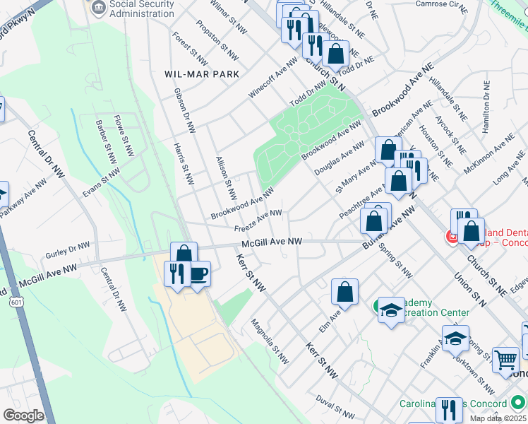 map of restaurants, bars, coffee shops, grocery stores, and more near 445 Saint James Street Northwest in Concord