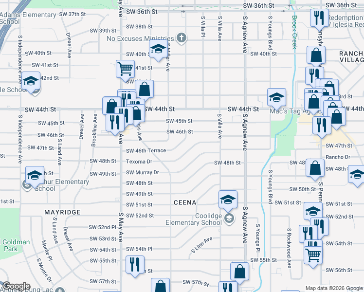 map of restaurants, bars, coffee shops, grocery stores, and more near 2628 Southwest 46th Terrace in Oklahoma City
