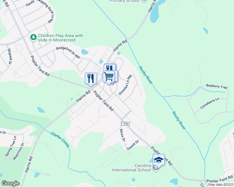 map of restaurants, bars, coffee shops, grocery stores, and more near 1162 Donelea Lane Northwest in Concord