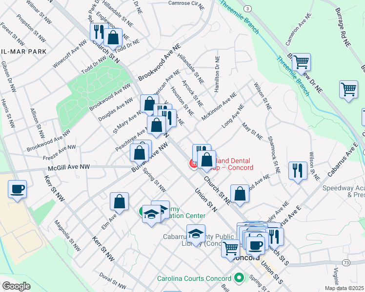 map of restaurants, bars, coffee shops, grocery stores, and more near 264 Church Street Northeast in Concord