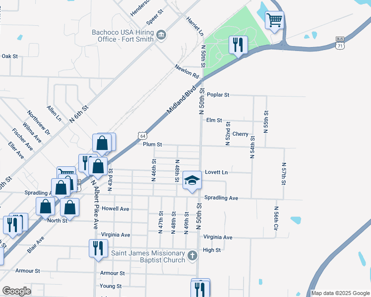 map of restaurants, bars, coffee shops, grocery stores, and more near 4812 Plum Street in Fort Smith