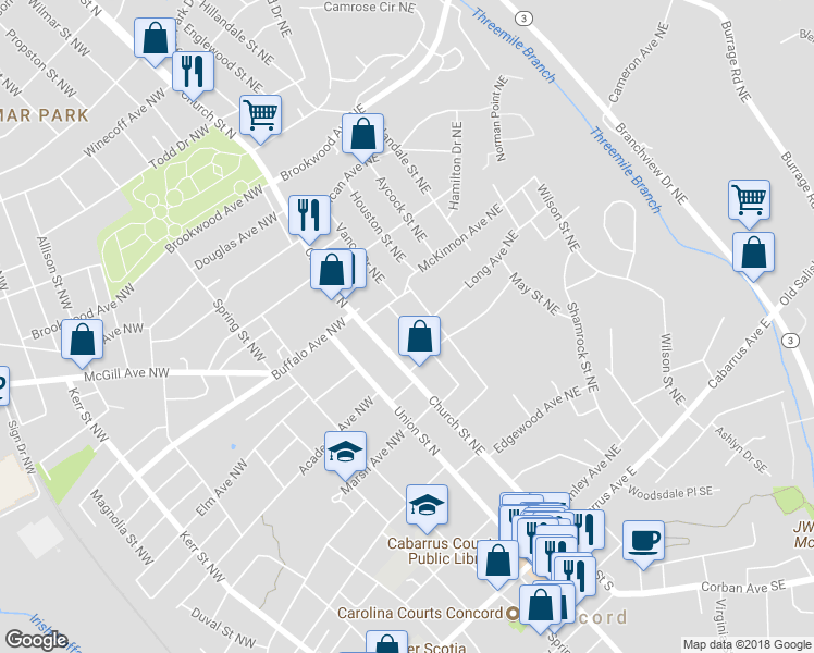 map of restaurants, bars, coffee shops, grocery stores, and more near 243 Vance Drive Northeast in Concord