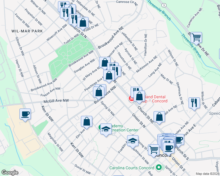 map of restaurants, bars, coffee shops, grocery stores, and more near 288 Union Street North in Concord