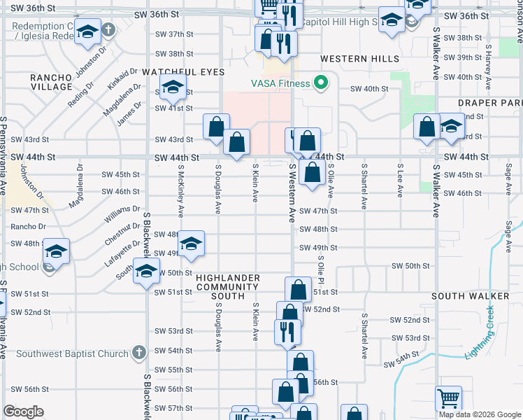 map of restaurants, bars, coffee shops, grocery stores, and more near 925 Southwest 47th Street in Oklahoma City