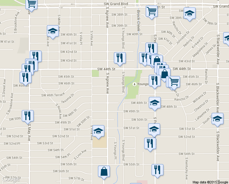 map of restaurants, bars, coffee shops, grocery stores, and more near 2333 Southwest 47th Street in Oklahoma City