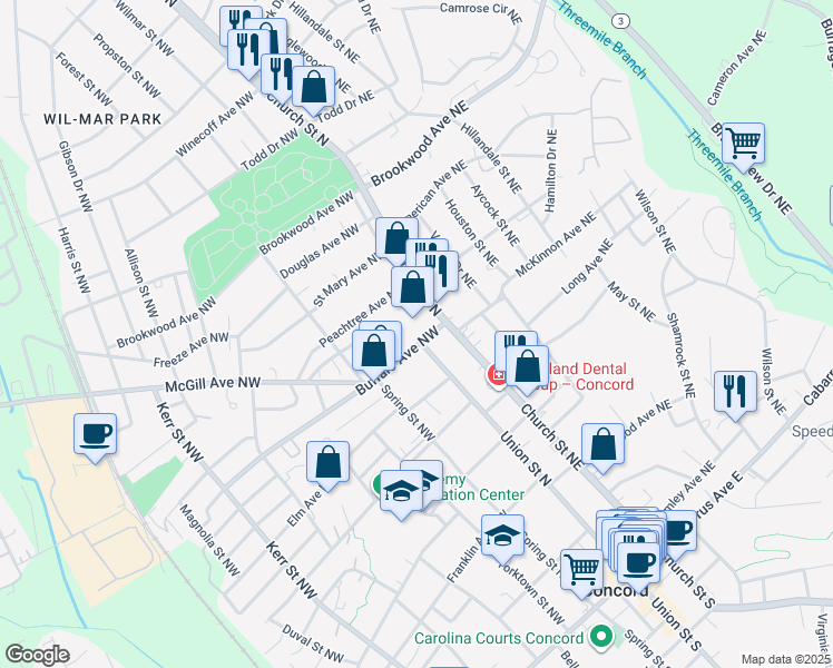 map of restaurants, bars, coffee shops, grocery stores, and more near 288 Union Street North in Concord