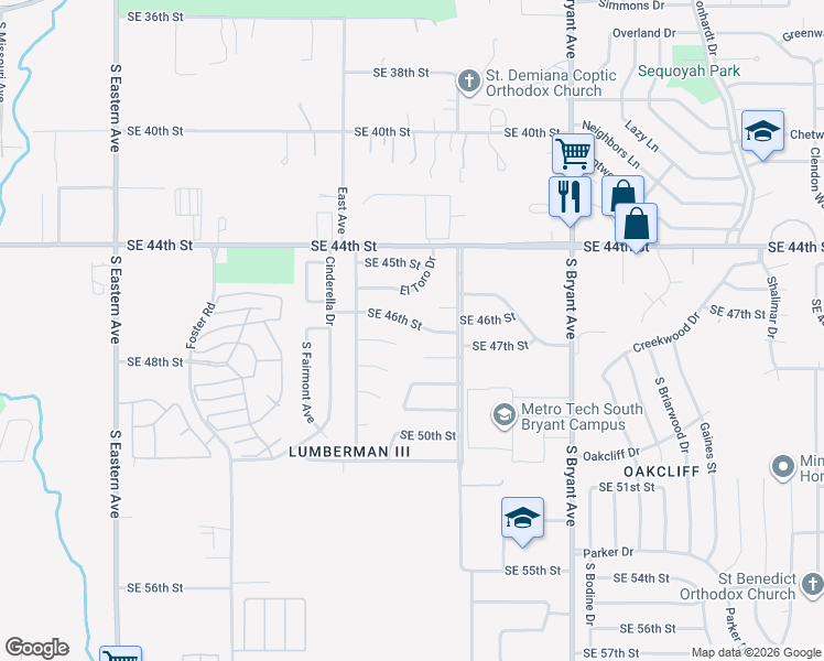 map of restaurants, bars, coffee shops, grocery stores, and more near 2620 Southeast 46th Street in Oklahoma City