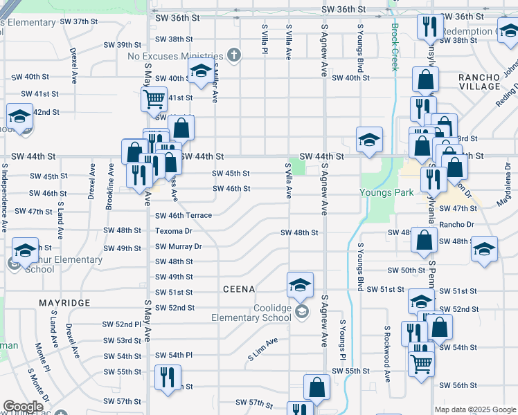 map of restaurants, bars, coffee shops, grocery stores, and more near 2540 Texoma Drive in Oklahoma City