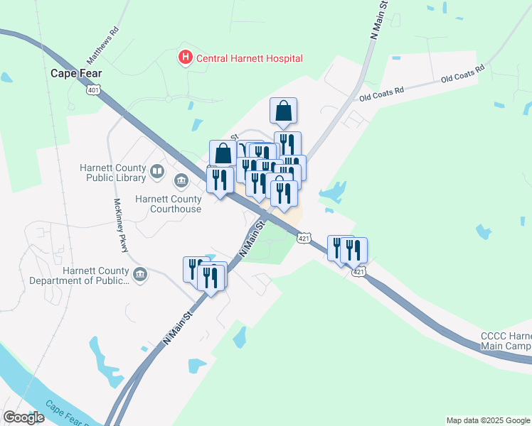 map of restaurants, bars, coffee shops, grocery stores, and more near US-401 & NC-210 in Lillington