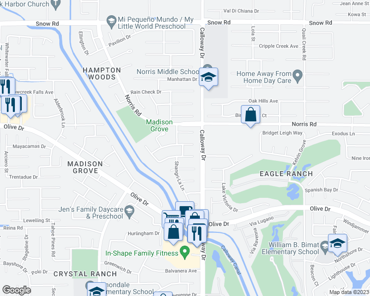 map of restaurants, bars, coffee shops, grocery stores, and more near 9805 Paper Moon Way in Bakersfield