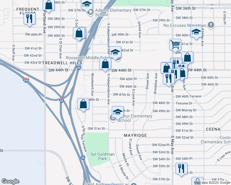 map of restaurants, bars, coffee shops, grocery stores, and more near 3253 Southwest 47th Street in Oklahoma City