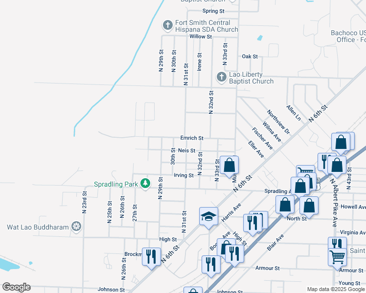 map of restaurants, bars, coffee shops, grocery stores, and more near 3019 Neis Street in Fort Smith