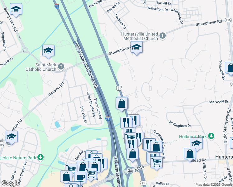 map of restaurants, bars, coffee shops, grocery stores, and more near 14801 Statesville Road in Huntersville