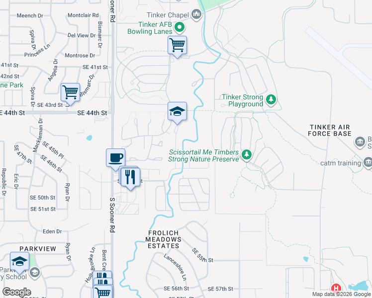 map of restaurants, bars, coffee shops, grocery stores, and more near 4627 Creek Court in Oklahoma City