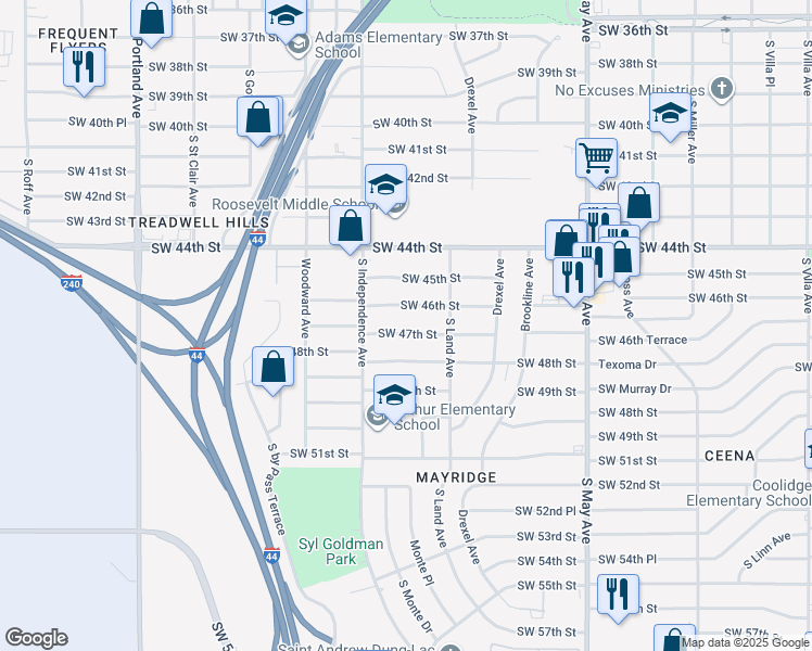map of restaurants, bars, coffee shops, grocery stores, and more near 3221 Southwest 47th Street in Oklahoma City