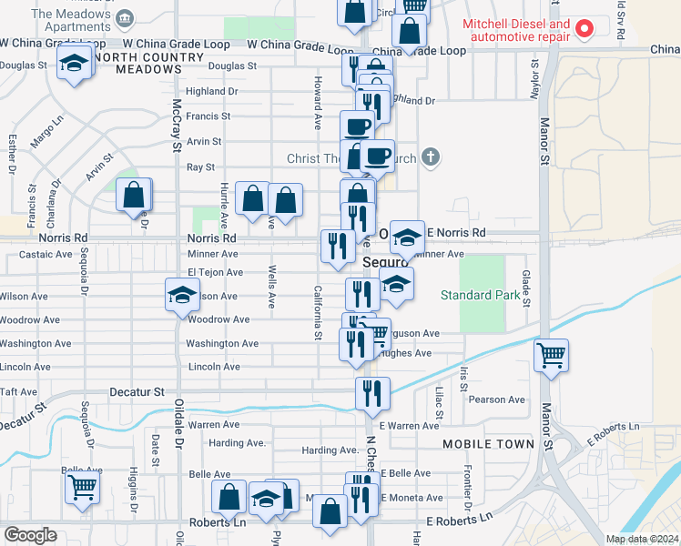 map of restaurants, bars, coffee shops, grocery stores, and more near 103 El Tejon Avenue in Bakersfield