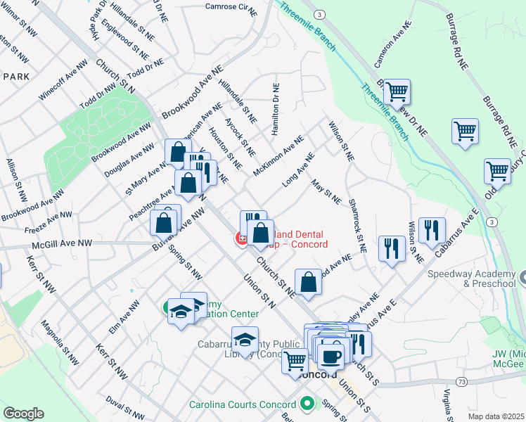map of restaurants, bars, coffee shops, grocery stores, and more near 79 Meadow Avenue Northeast in Concord