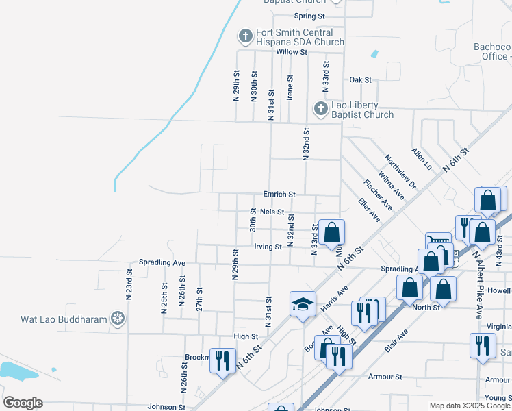 map of restaurants, bars, coffee shops, grocery stores, and more near 3019 Neis Street in Fort Smith