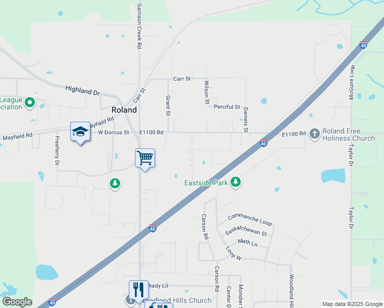 map of restaurants, bars, coffee shops, grocery stores, and more near 301 Russell Street in Roland
