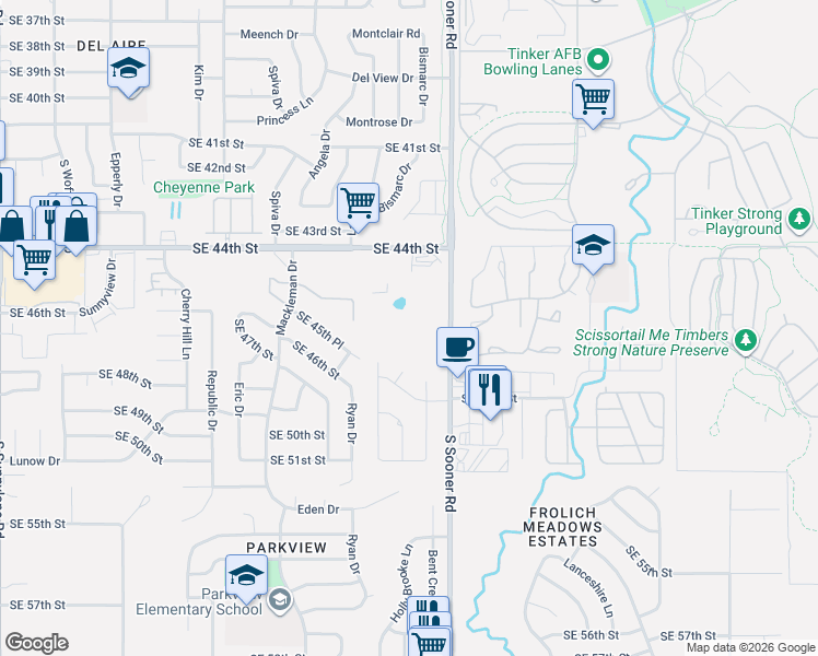 map of restaurants, bars, coffee shops, grocery stores, and more near 4701 South Sooner Road in Oklahoma City