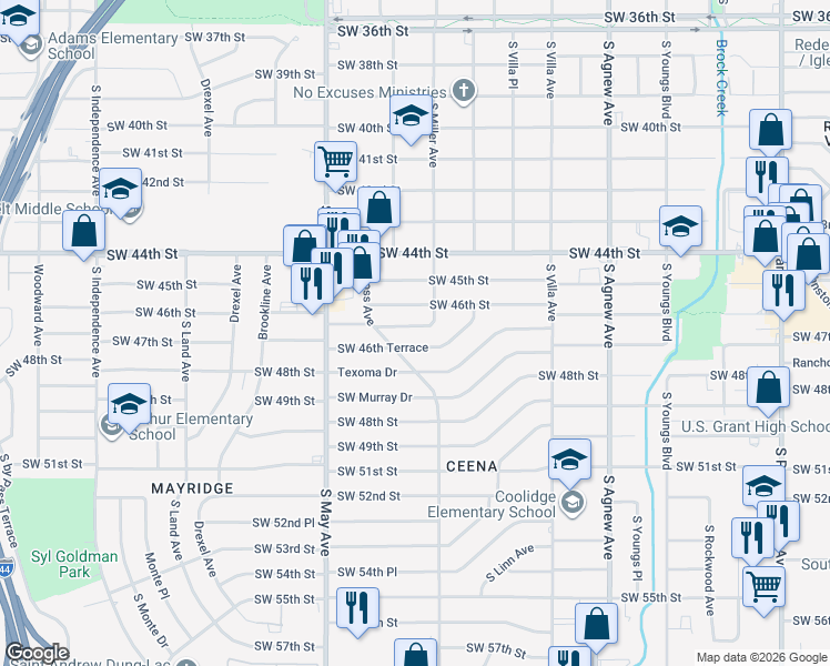 map of restaurants, bars, coffee shops, grocery stores, and more near 2717 Southwest 46th Terrace in Oklahoma City