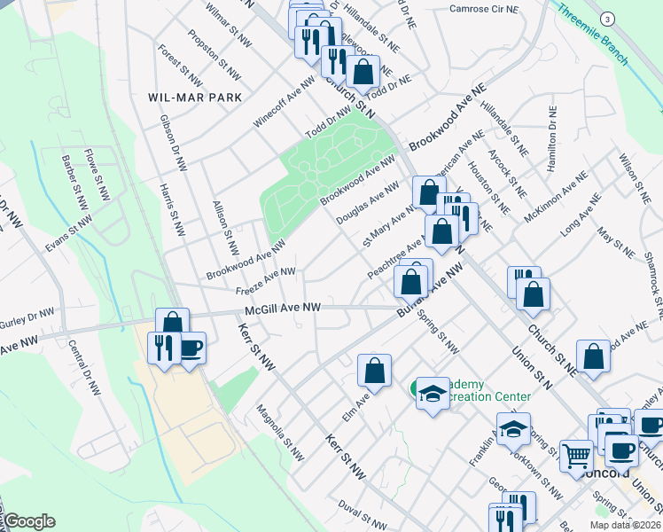 map of restaurants, bars, coffee shops, grocery stores, and more near 123 Saint Mary Avenue Northwest in Concord