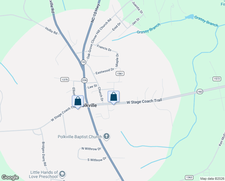 map of restaurants, bars, coffee shops, grocery stores, and more near 111 Green Drive in Shelby