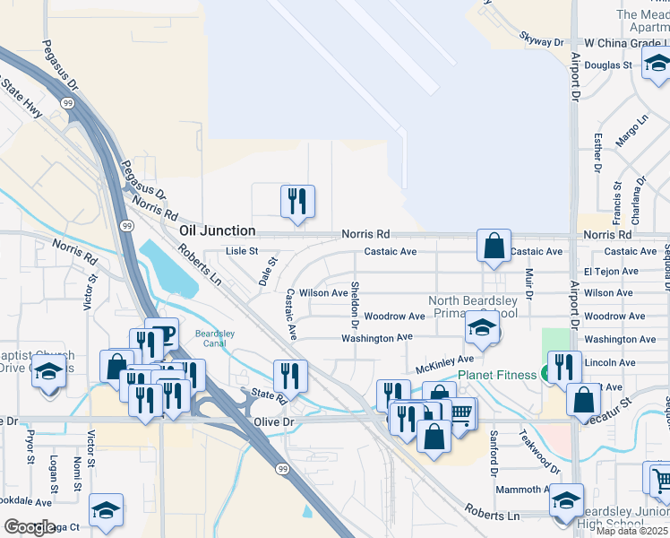 map of restaurants, bars, coffee shops, grocery stores, and more near 1308 El Tejon Avenue in Bakersfield