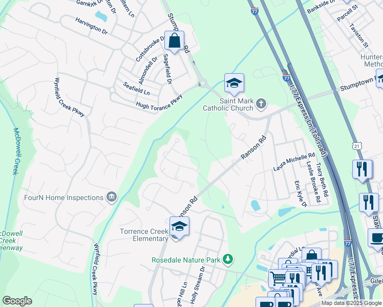 map of restaurants, bars, coffee shops, grocery stores, and more near 15215 Timberview Lane in Huntersville