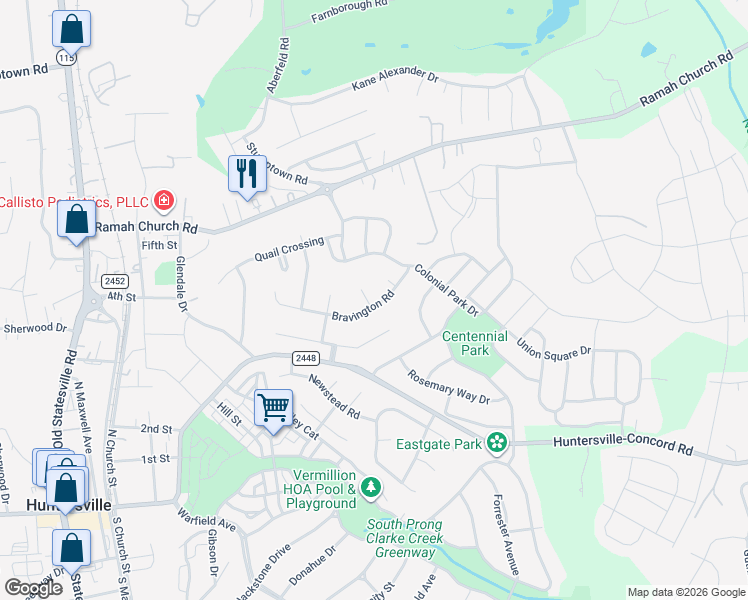 map of restaurants, bars, coffee shops, grocery stores, and more near 12710 Bravington Road in Huntersville