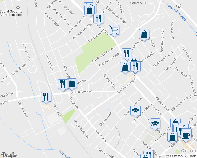 map of restaurants, bars, coffee shops, grocery stores, and more near 116 Saint Mary Avenue Northwest in Concord