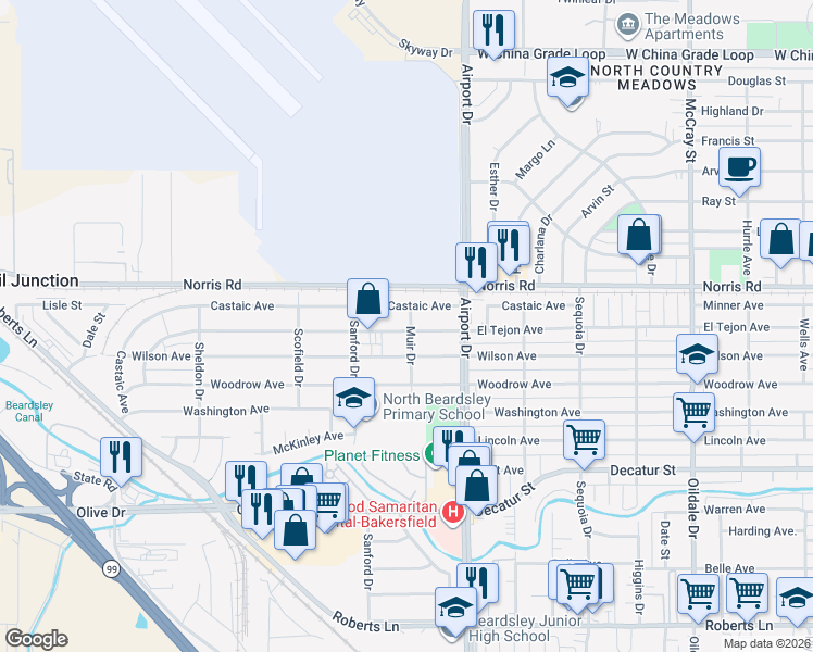 map of restaurants, bars, coffee shops, grocery stores, and more near 1003 El Tejon Avenue in Bakersfield