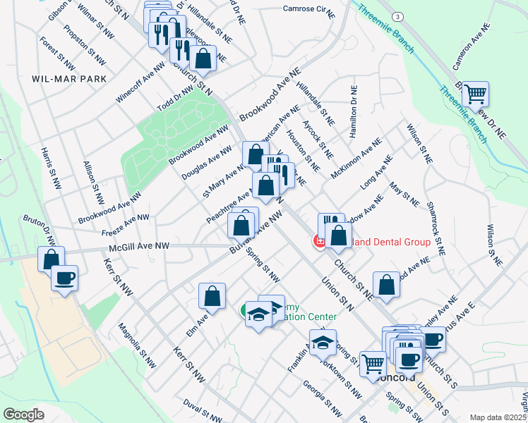 map of restaurants, bars, coffee shops, grocery stores, and more near 1 Buffalo Avenue Northwest in Concord