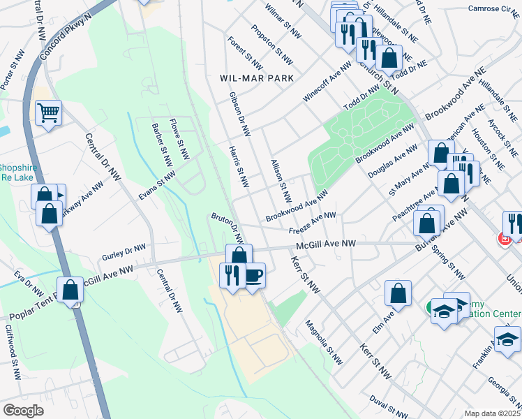 map of restaurants, bars, coffee shops, grocery stores, and more near 516 Harris Street Northwest in Concord