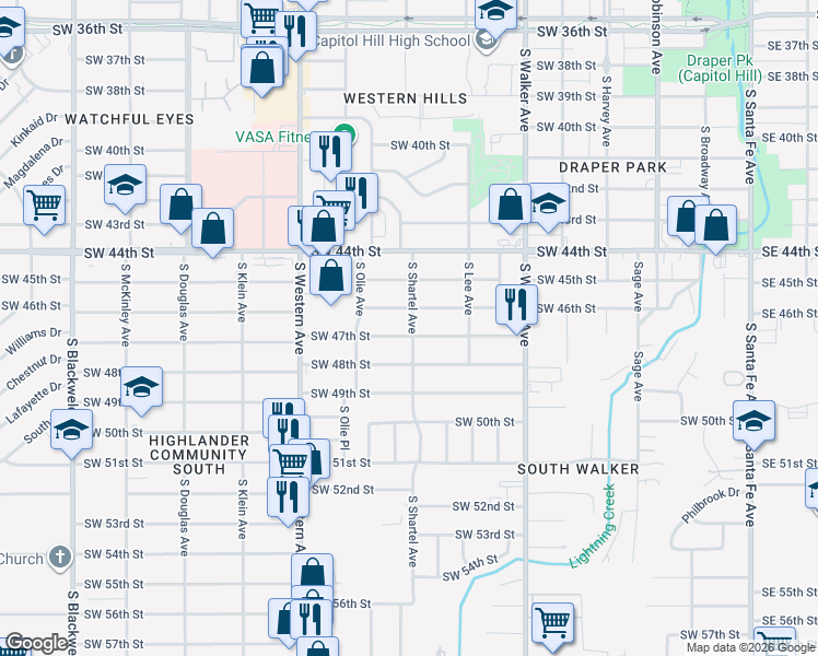 map of restaurants, bars, coffee shops, grocery stores, and more near 640 Southwest 47th Street in Oklahoma City