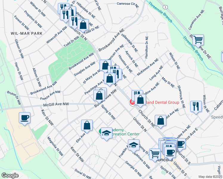 map of restaurants, bars, coffee shops, grocery stores, and more near 1 Buffalo Avenue Northwest in Concord