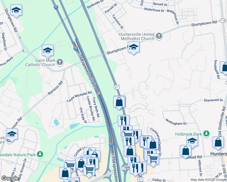 map of restaurants, bars, coffee shops, grocery stores, and more near 14340 Hunters Road in Huntersville