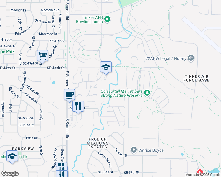 map of restaurants, bars, coffee shops, grocery stores, and more near 4627 Creek Court in Oklahoma City