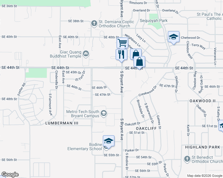map of restaurants, bars, coffee shops, grocery stores, and more near 2905 Southeast 47th Street in Oklahoma City