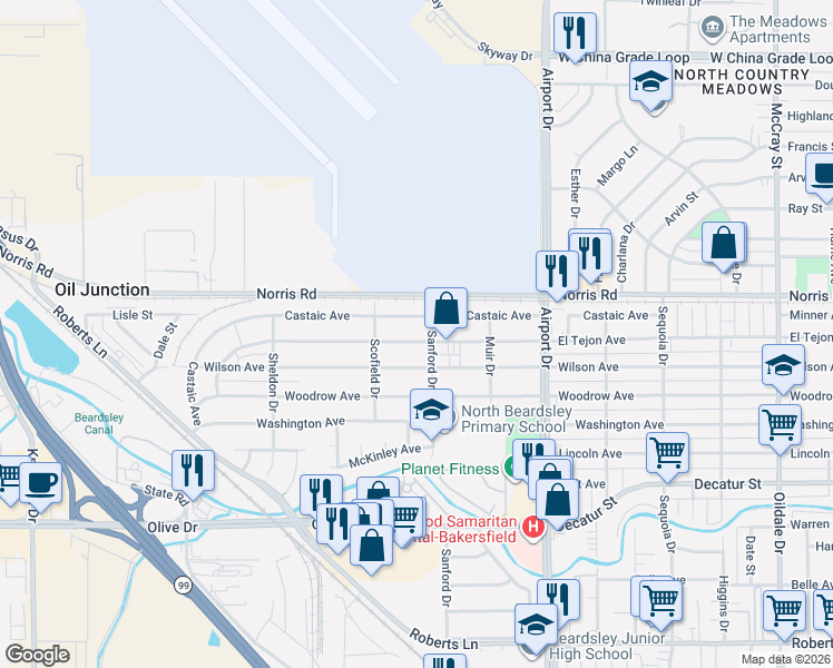 map of restaurants, bars, coffee shops, grocery stores, and more near 1104 El Tejon Avenue in Bakersfield